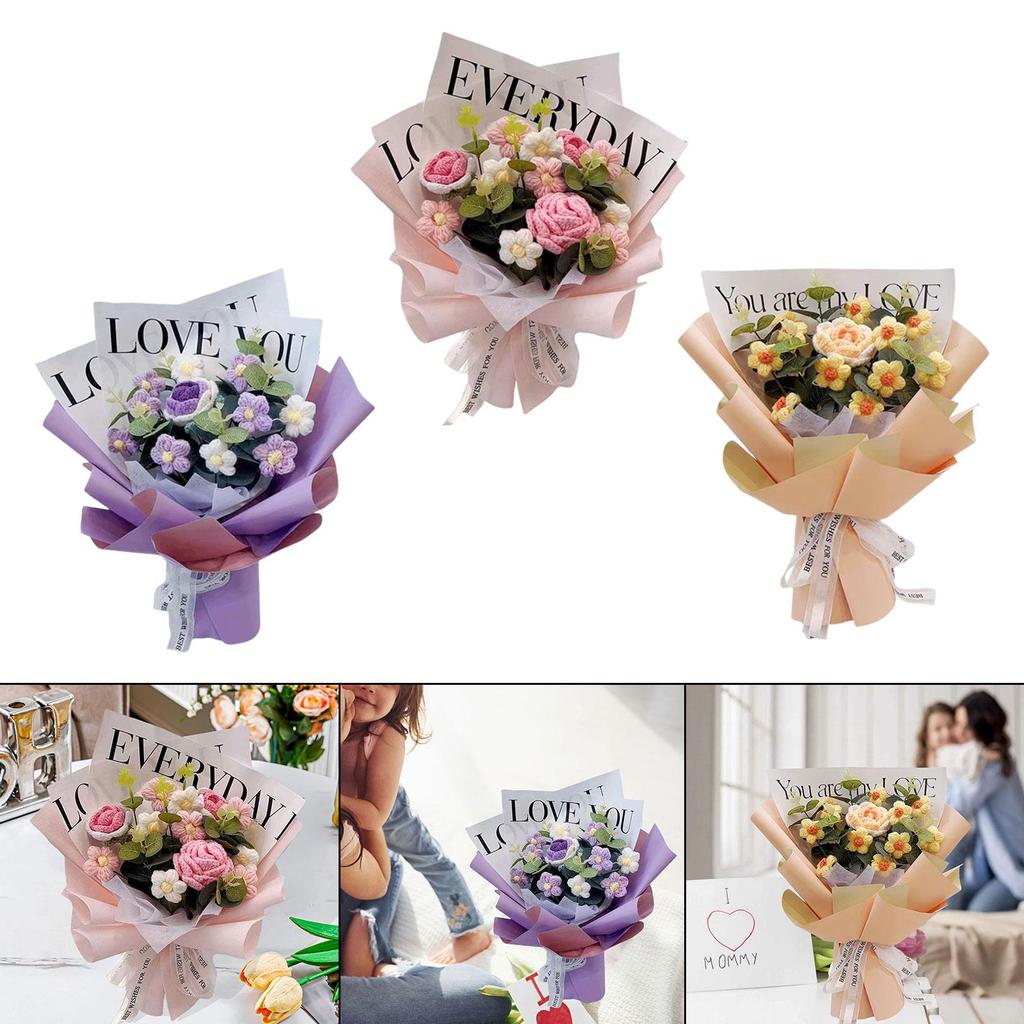 Artificial Crochet Flower Bouquet Plastic Material Fresh Knitted Arrangement Desktop Ornament for Modern Home Decor
