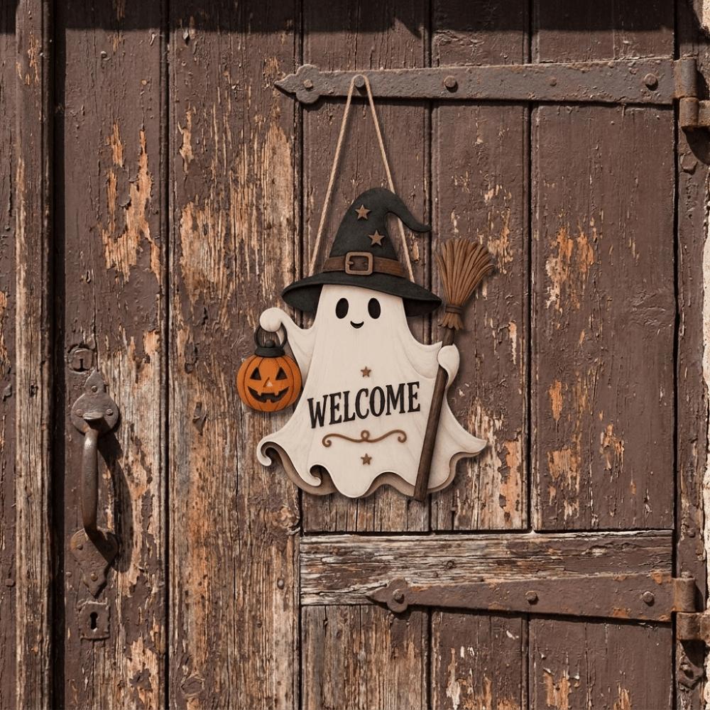 Cartoon Pattern Ghost Door Hanging Rustic Style Halloween Hanging Plaque Front Door
