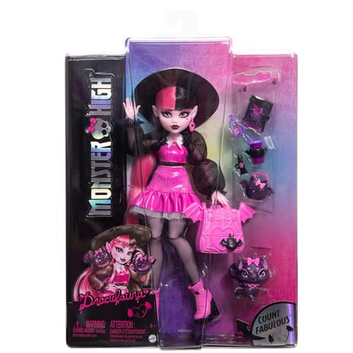 Monster High Draculaura Doll, Pet Bat Count Fabulous & Accessories Including Backpack, Spellbook, Lunchbox