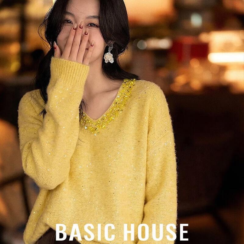 Basic House Women s Sequin V-Neck Knit Sweater L