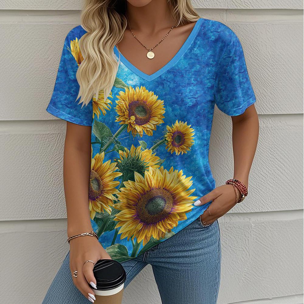 Summer Women's T-Shirt Sunflower Print Outdoor Retro Fashion Casual Oversized V-Neck Y2k Short-Sleeved Women's Clothing
