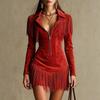Womens Western-Style Fringe Long Sleeve Mini Dress Deep V Neck Zipper Bodycon Party