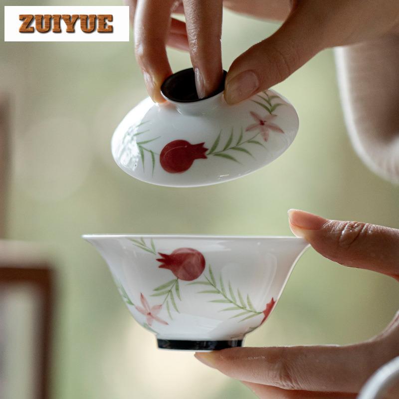 100ml Hand Drawn Pomegranate White Porcelain Thin Body Gaiwan Aesthetic Tea Tureen Tea Bowl With Lid Kit Tea Maker Cover Bowl