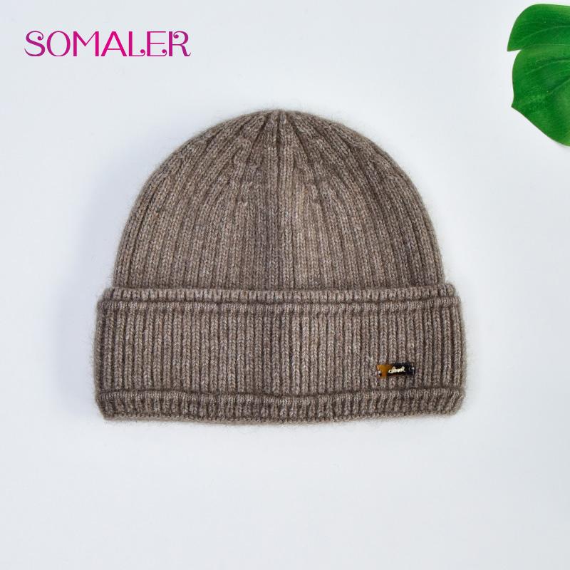 SOMALER Women's Autumn Winter Angora Knit Beanie Hat with Folded Cuff & Metal Badge Fashion Warm Cap 54-58cm