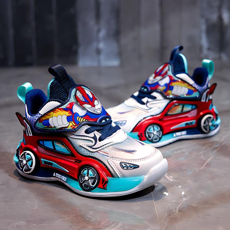 Boys Shoes Spring 2025 Children's Sports Car Light Shoes Fried Street Boys Sports Trend Shoes Soft Sole Ultraman Classmate