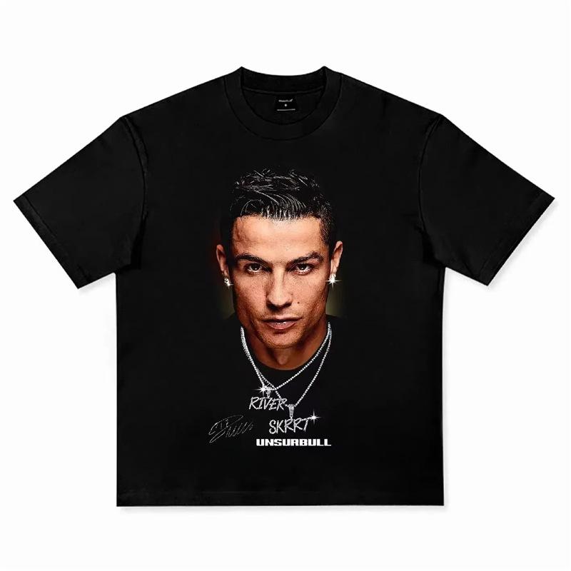 Svart Fotbollsstjärna Klassisk Stor Ansikte Trendigt Märke T-shirt Bomull Grafisk T-shirt Unisex Unisex Sommar Streetwear