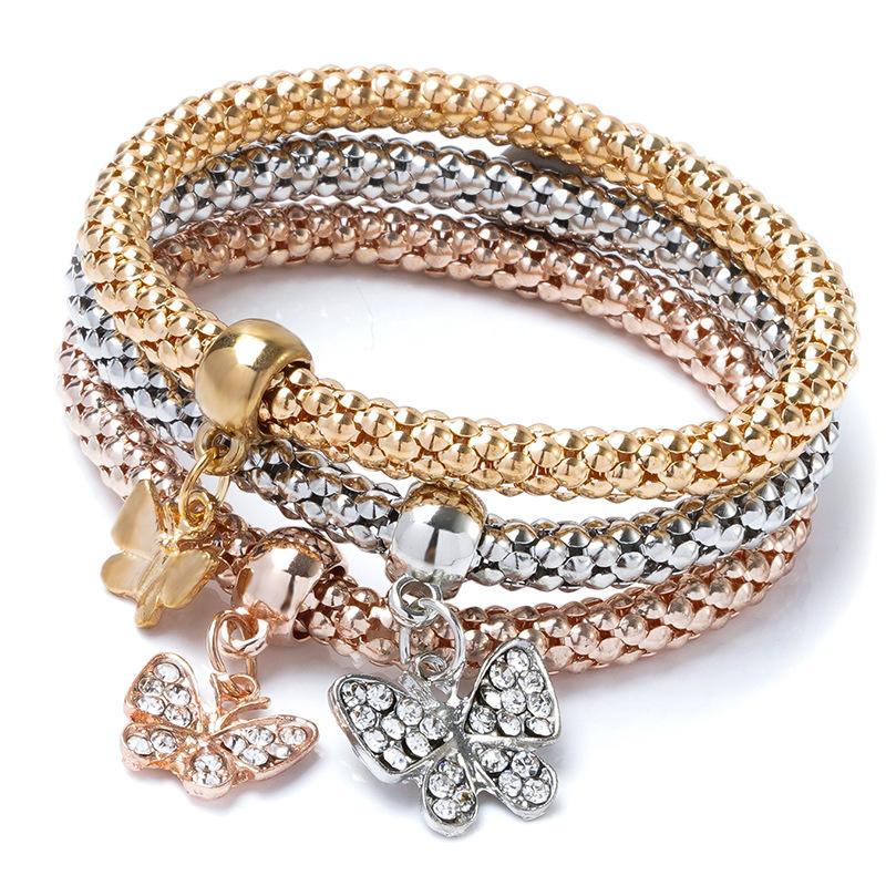 3-in-1 elastic popcorn corn bracelet for women, 3-color gold-plated butterfly crown, boat anchor jewelry, Valentine's Day gift