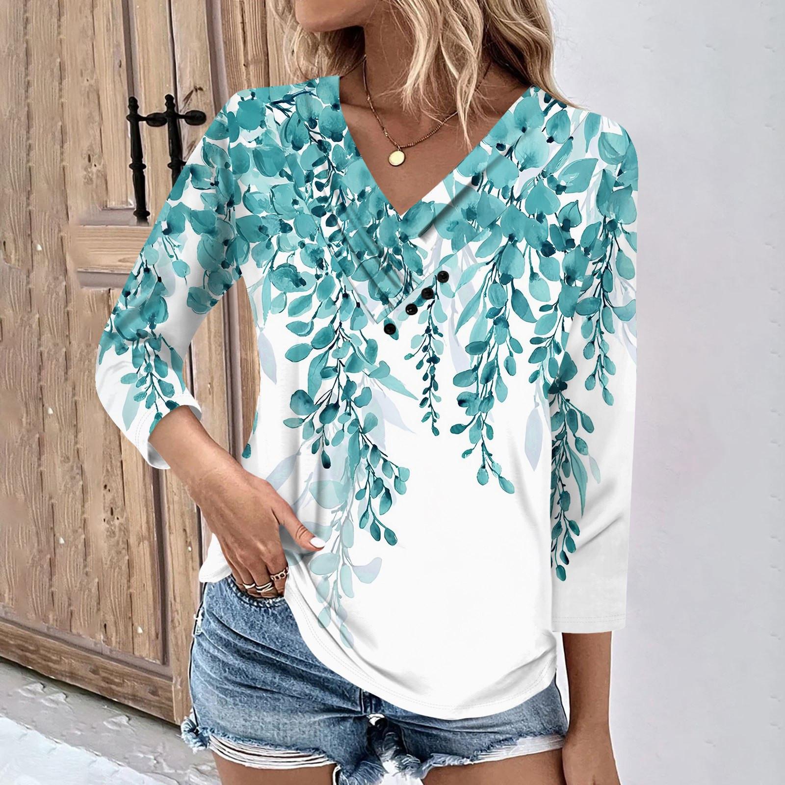 Женские повседневные футболки с рукавом 3/4 для выходных с V-образным вырезом и принтом — фото 8