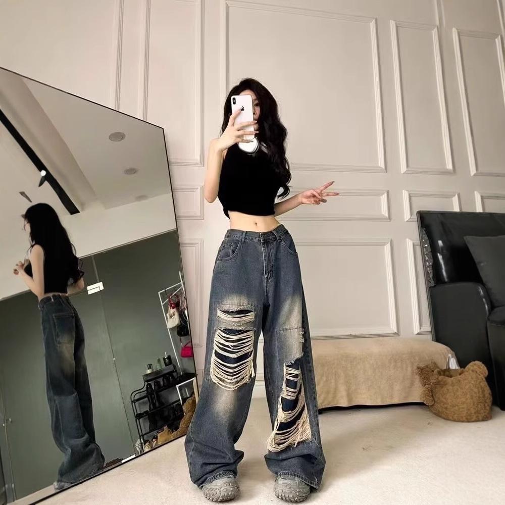 Women's Distressed Ripped High-Waist Wide-Leg Jeans for Autumn