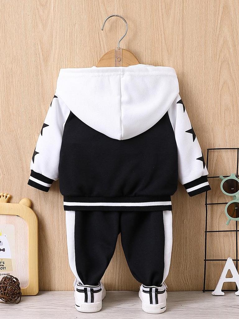 Boys' Hooded Black & White Letter Print Suit for Autumn & Winter