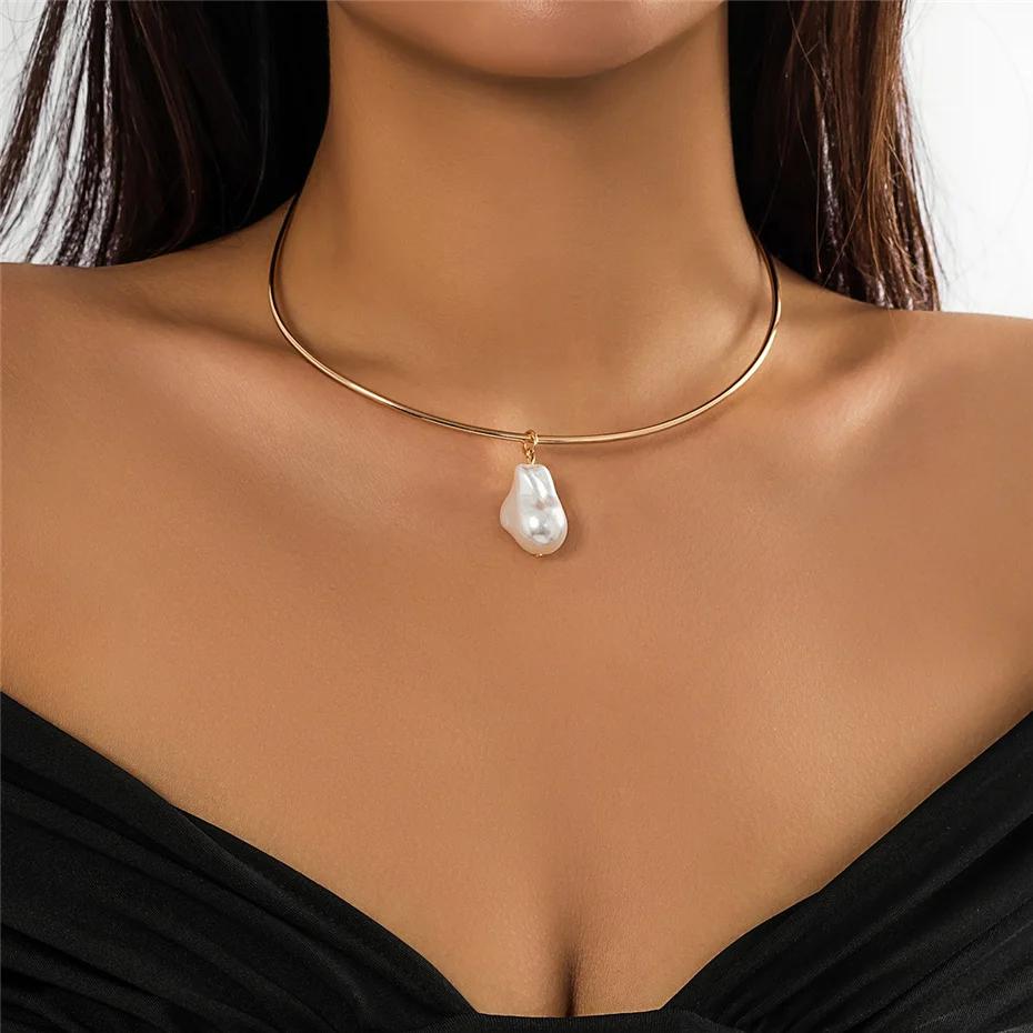 Creative Imitation Pearl Pendant Torques Choker Necklace Women Fashion Statement Punk Smooth Adjustable Chain Jewelry Steampunk