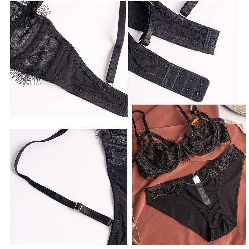 Damenunterwäsche Wimpernspitze Ultradünnes BH-Höschen-Set Bügelverband Aushöhlen Push-Up-Büstenhalter Sexy Slip Dessous-Set