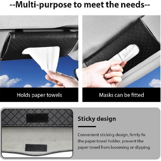 Car Tissue Holder, Leather Sun Visor Hanging Napkin Holder with Tissue Refill, Clip-On Visor Mask Dispenser Premium Paper Towels Case for Vehicles,