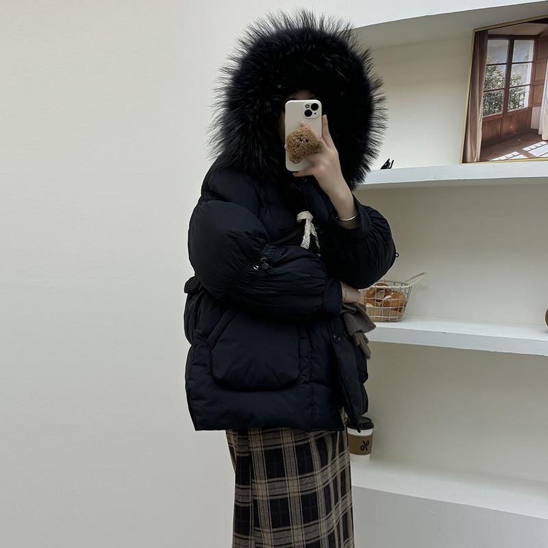 

Soft huhu puff down jacket women s short 2025 winter new fashionable sweet raccoon fur collar thickened waist jacket M