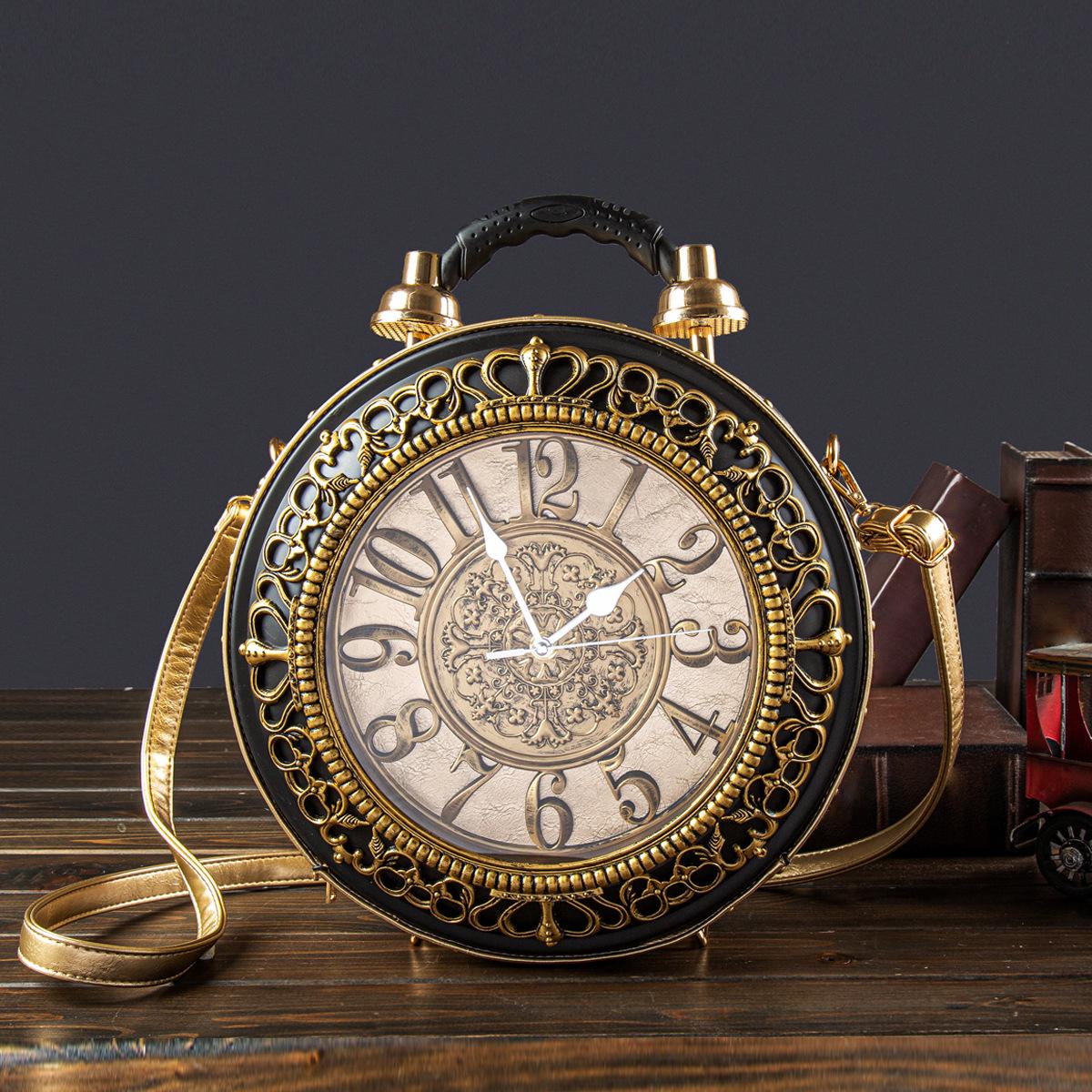 

Сумочка в стиле ретро-шик: Оригинальная сумка-кроссбоди в виде часов для дам, включая отделение для хранения батареек 34*30.5*13 cm золотой