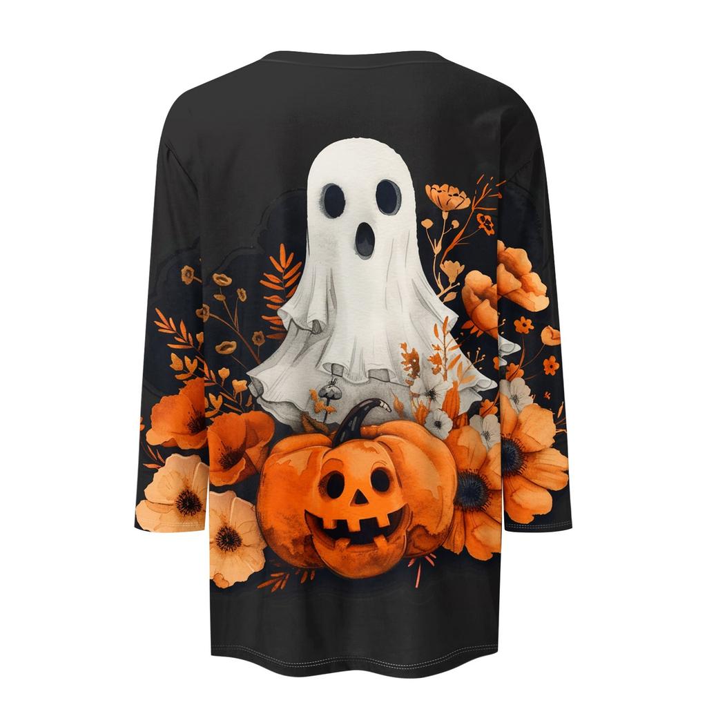 Women's Fashion Casual Three-quarter Sleeve Halloween Printed Round Neck Top