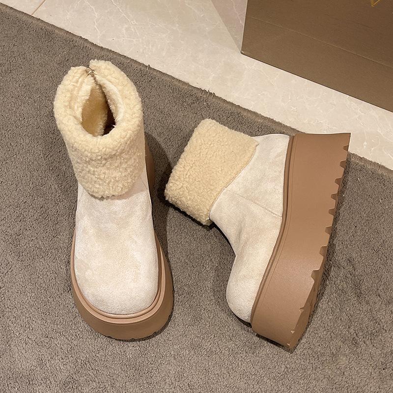 2025 New Winter Cotton Shoes Heightened Ugly Snow Boots Women's Fashion Warm and Velvet Thick-soled Big-headed Fluffy Short Boots