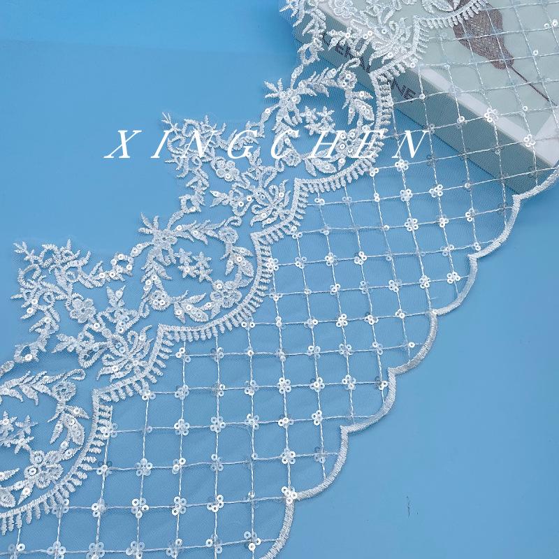 Mesh Embroidery Width 25Cm Plaid Beads Sequins Embroidery Dress Decorative Lace Accessories Sequins Lace