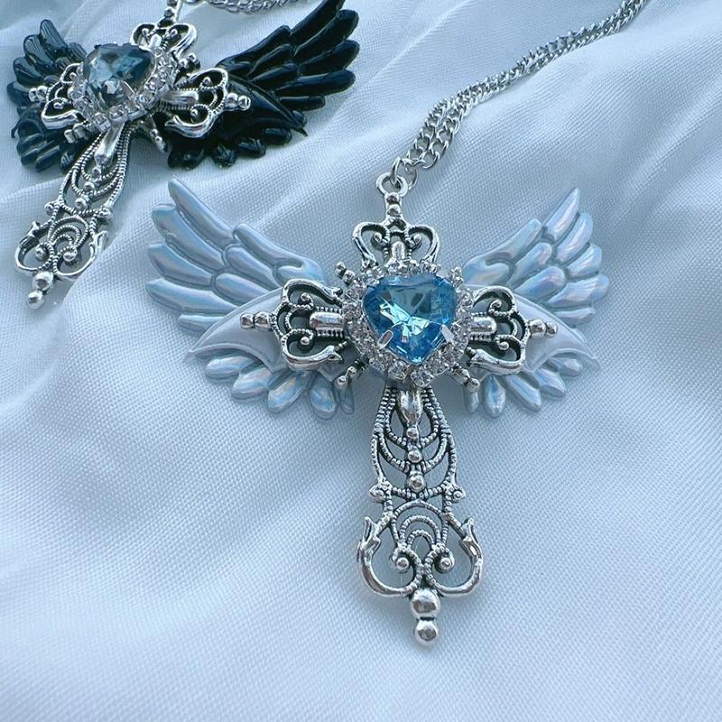 Goth Sexy Accessories Wings Cross Pendant Necklace For Women Heart  Choker Punk Charm Necklace Jewelry Accessory
