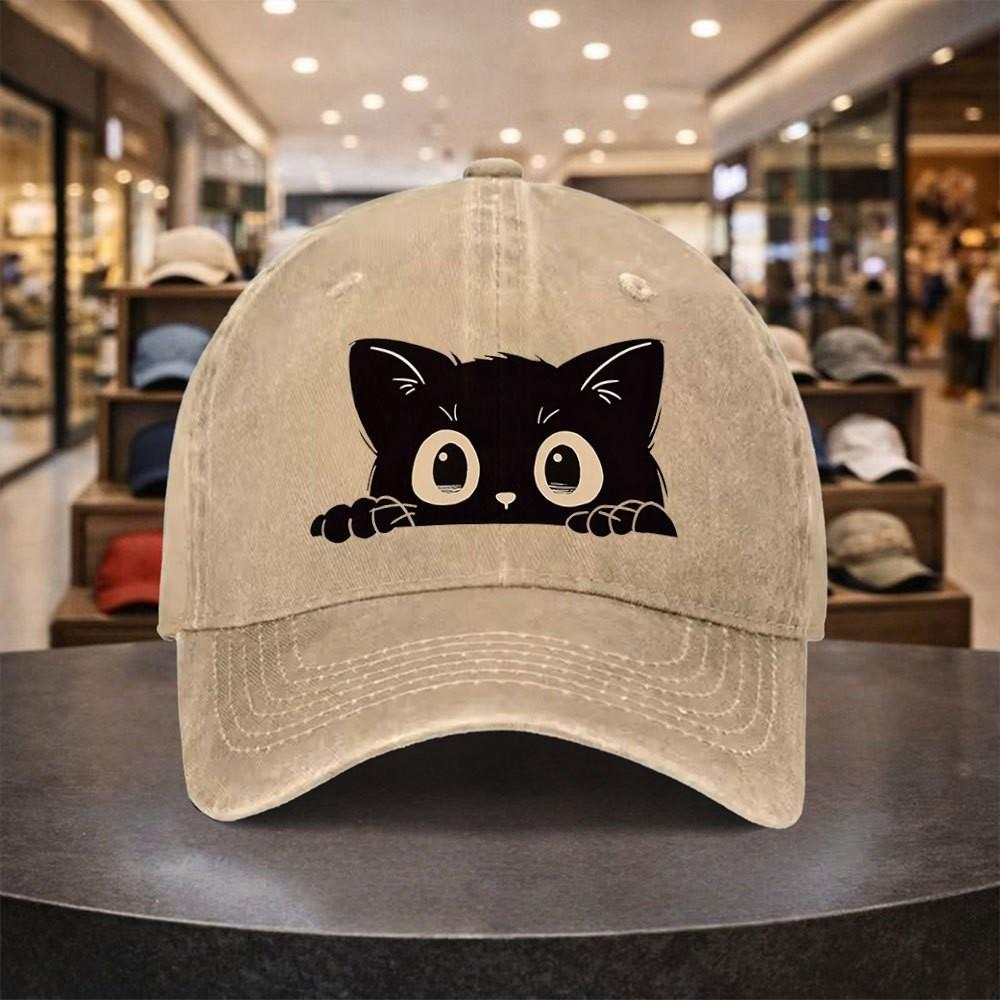 Black Cat Peeking Baseball Cap Cute Animal Print Adjustable Washed Denim Hat Casual