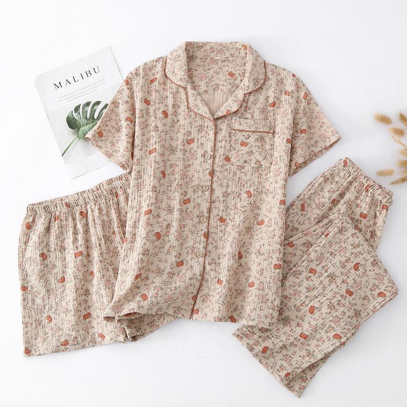 

Женский летний пижамный комплект из хлопкового крепа — топ с короткими рукавами и лацканами, брюки и шорты L