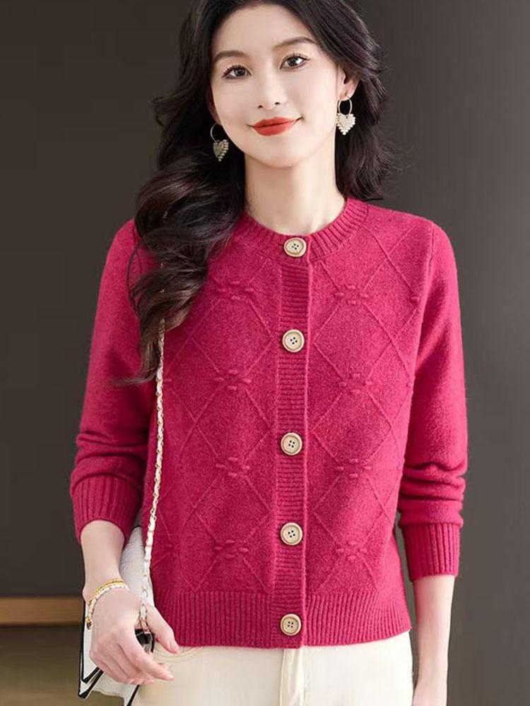 2025 Autumn/Winter Women's Short Wool Cardigan - Round Neck, Solid Color, Elegant Knit Design