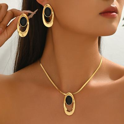 Gold Tone Oval Pendant Necklace and Earrings Set with Smooth Black Oval Inlay and Textured Metal Frame for Women Fashion Jewelry