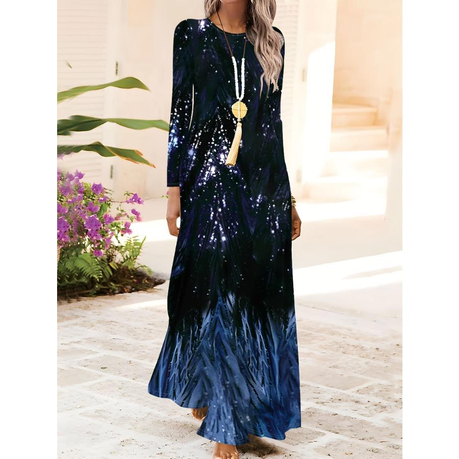 Women's Long Sleeve Round Neck Dress Vacation Style Galaxy Print A Line Midi Dress Summer Casual Flowy Sleeveless Optional