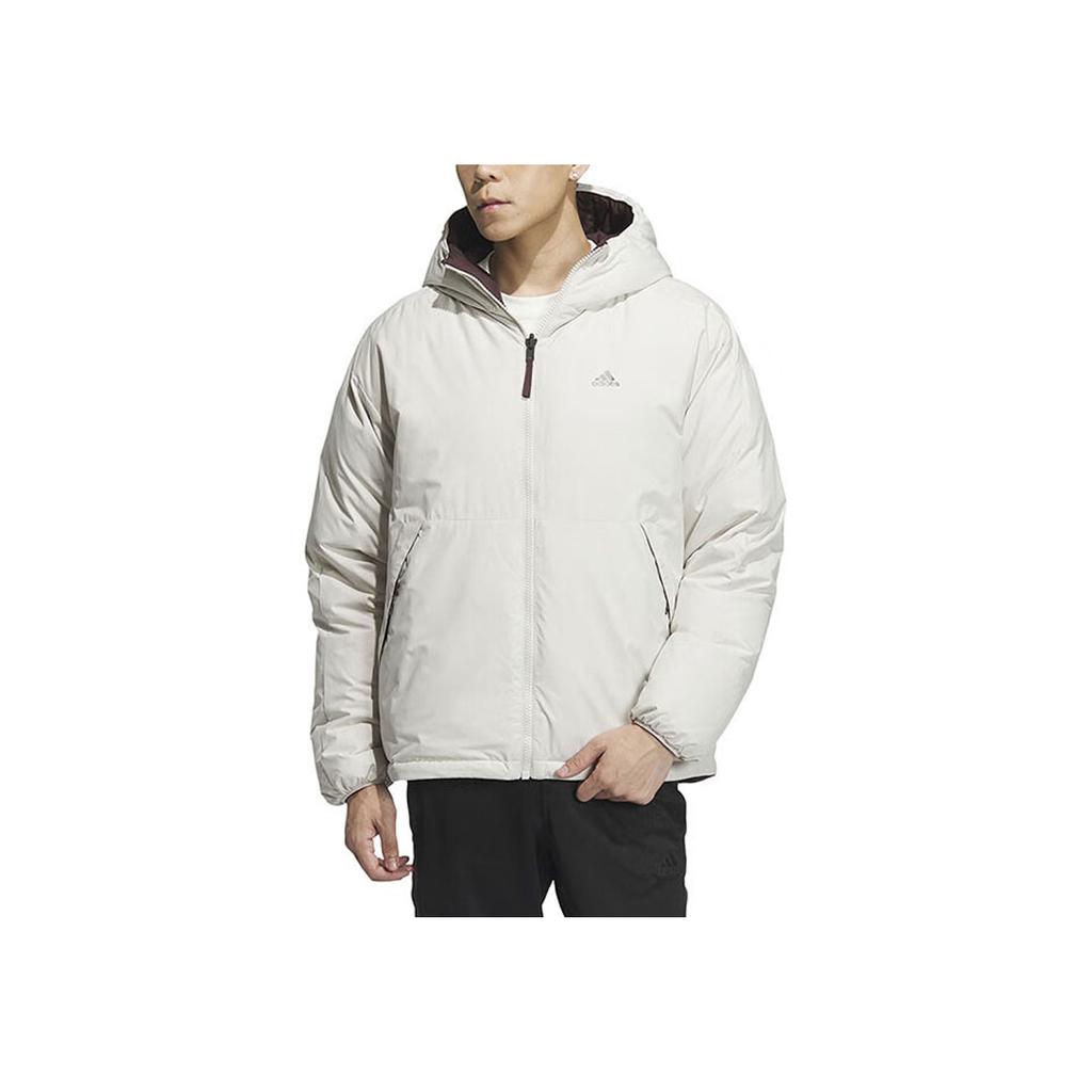 Adidas Reversible Hooded Down Jacket With Letter Logo Print Men Outerwear Beige IS0372
