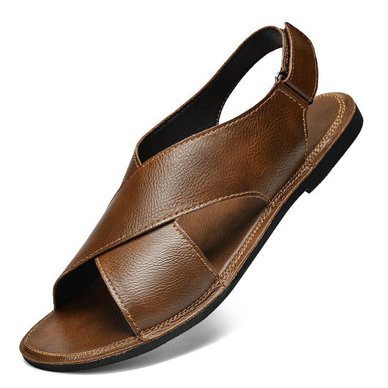 Men's Plus Size Leather Slides: Casual, Breathable, Non-Slip Summer Sandals. Versatile Beach Shoes in Sizes 46-47.
