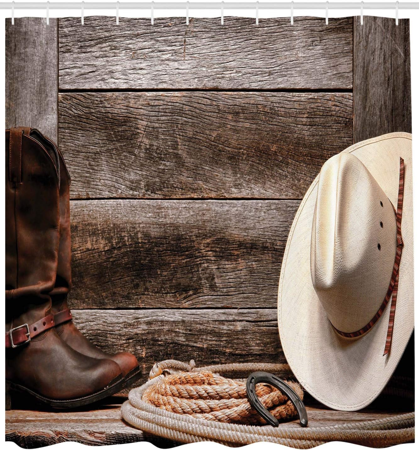 

Western Cowboy Shower Curtain With Hooks – Straw Hat, Leather Boots & Rope On Rustic Wood, Brown Tan Rodeo Decor W60H190(CM)-1 Pcs