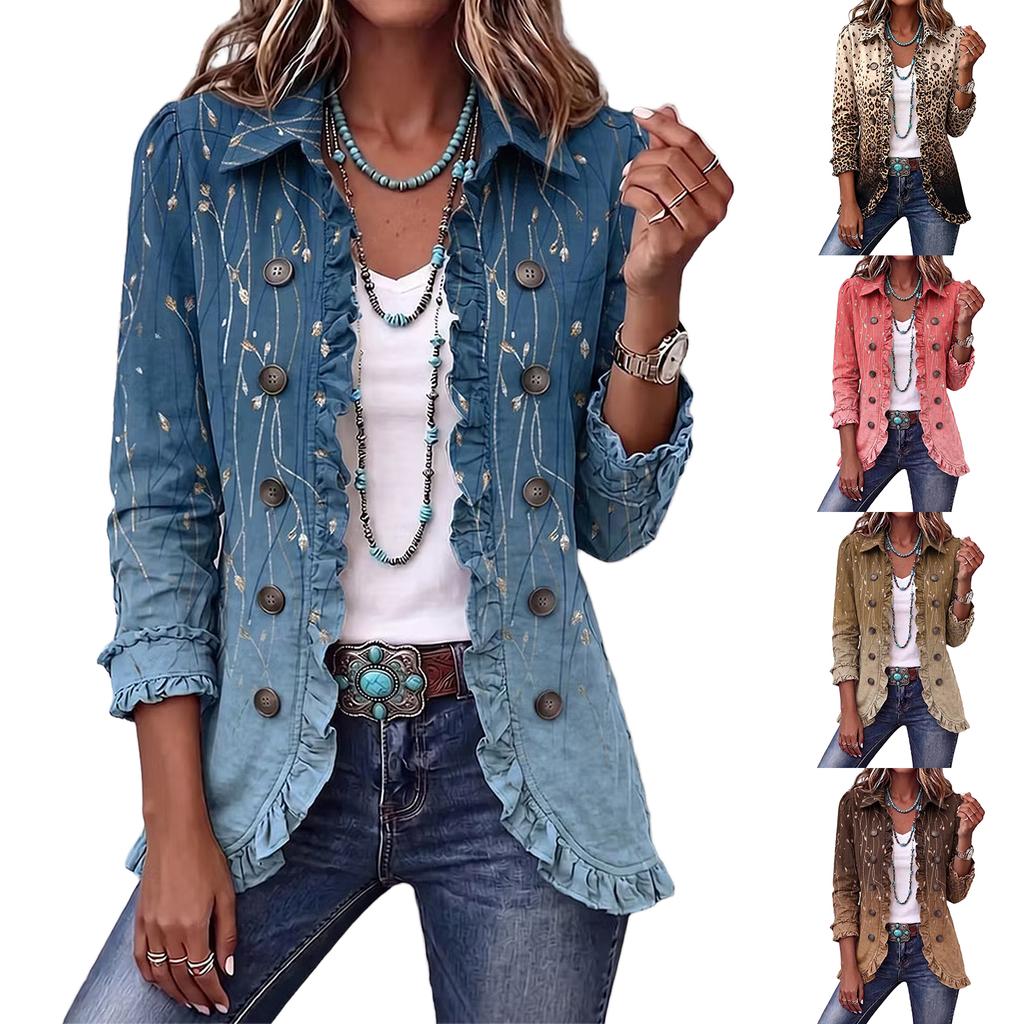 Women's Double-Breasted Ruffle Hem Short Jacket with Notched Lapel