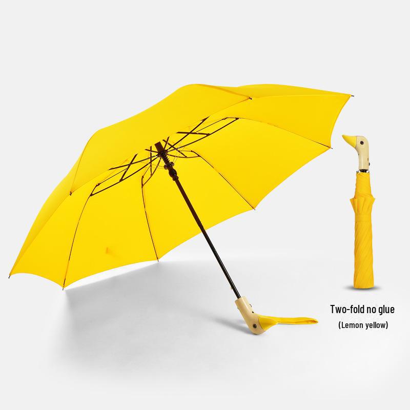 

Милый двухскладной зонт в виде мультяшной утки, разноцветный, с полуавтоматической деревянной ручкой, солнцезащитный экран из черного пластика, дизайн в виде маленькой желтой утки. 21-inch 8R Semi-automatic