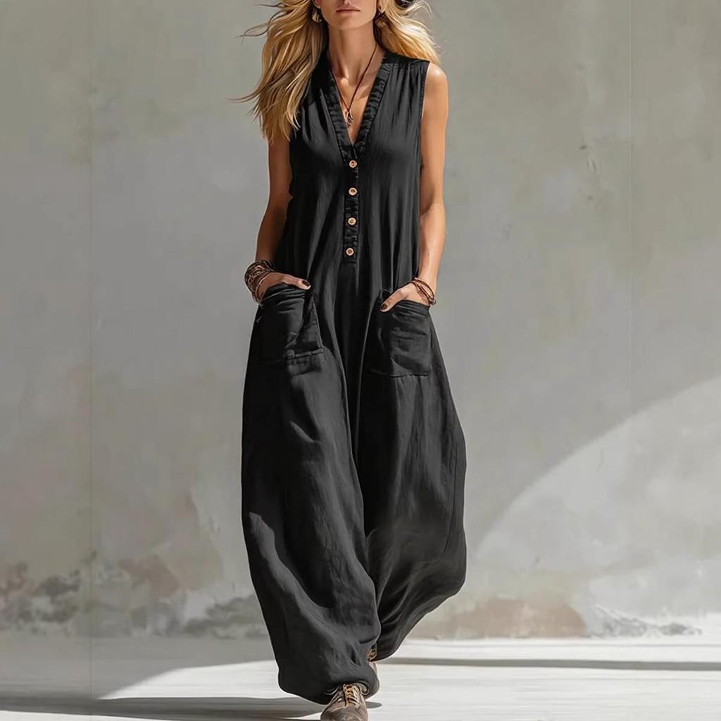 2026 European-American Double Pocket Linen Cotton Sleeveless Casual Jumpsuit
