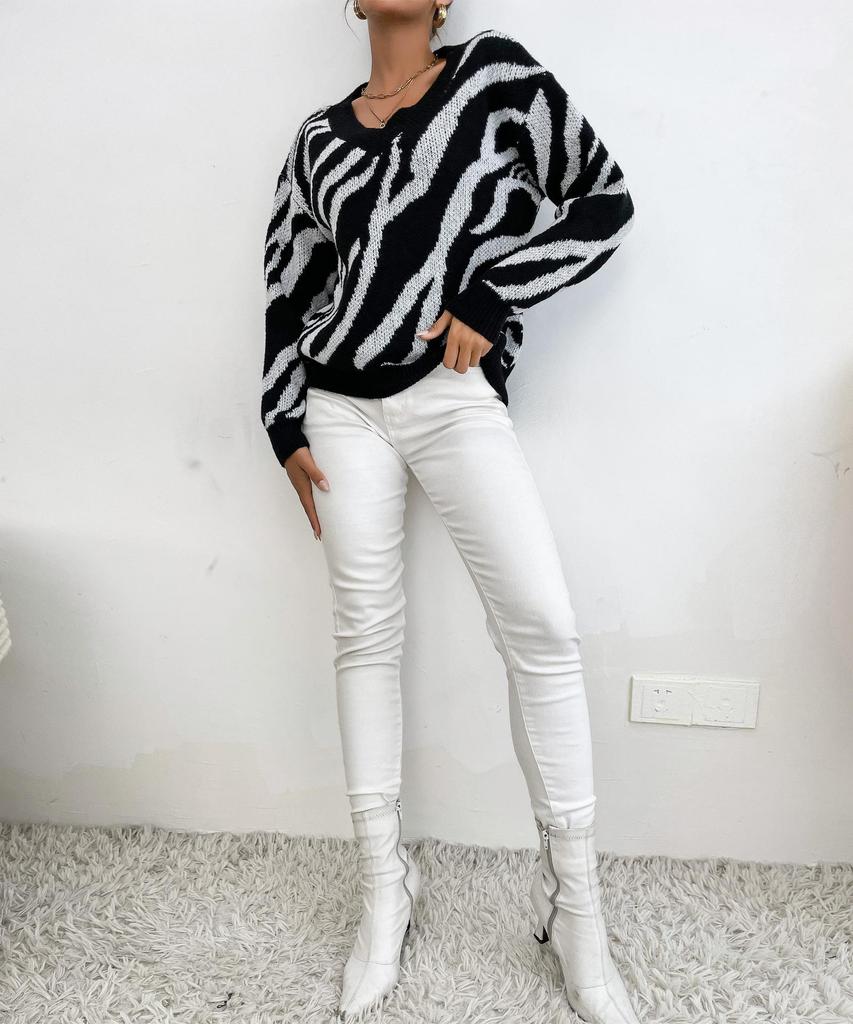 Women's Autumn/Winter 2025 Zebra Print Thick Knit Pullover Sweater - European & American Fashion