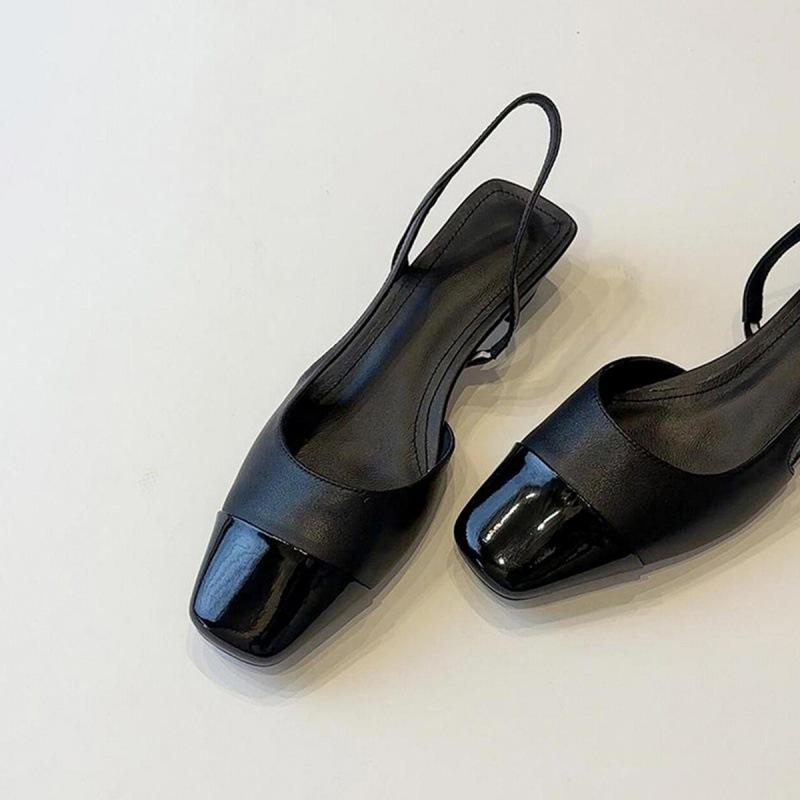 Soft Leather Edition~ French Black Low Heel Commuter Sandals Women's Fashion Casual Square Head Back Empty Leather Splicing Baotou Shoes