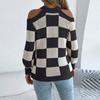 Damen Lässiger Schulterfreier Kontrastierender Karomuster Langarmpullover