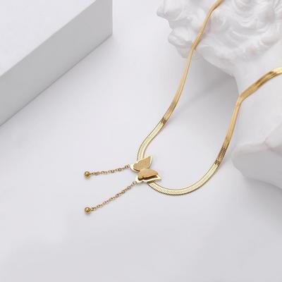 Small and Luxury Fashion Snake Bone Necklace Gold Titanium Steel Tassel Necklace Women's Stainless Steel Plated Frosted Butterfly Pendant