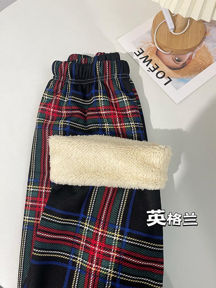 Black and white plaid pants women's autumn and winter new lamb wool wide-leg pants high waist straight Korean version of student casual pants