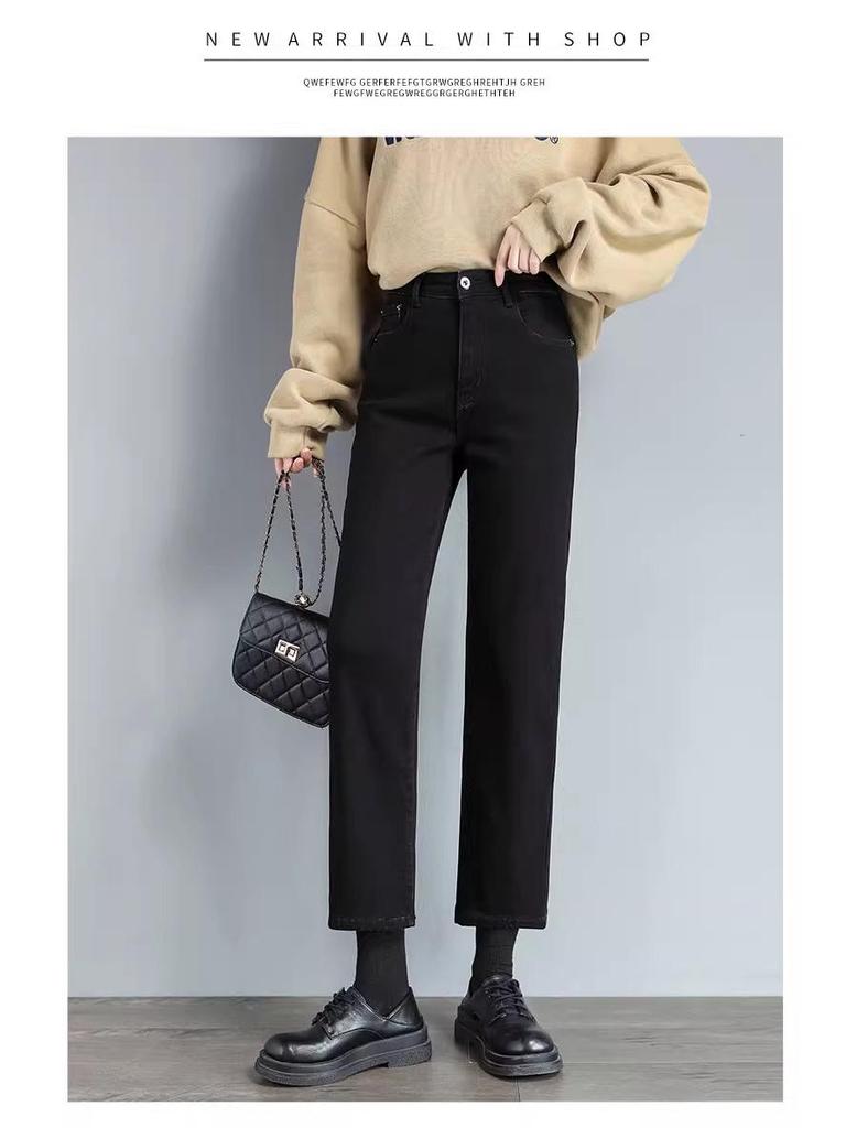 Women's Black High-Waist Cropped Jeans: 2026 Spring/Autumn Slimming Cigarette Pants