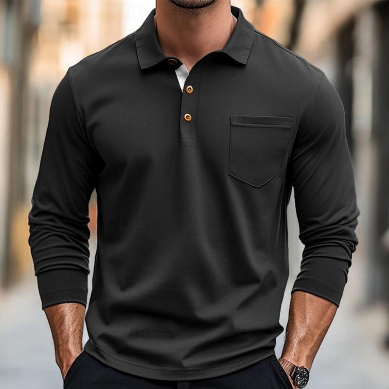 Mens Casual Long Sleeve Polo Shirt American Retro Style Top S