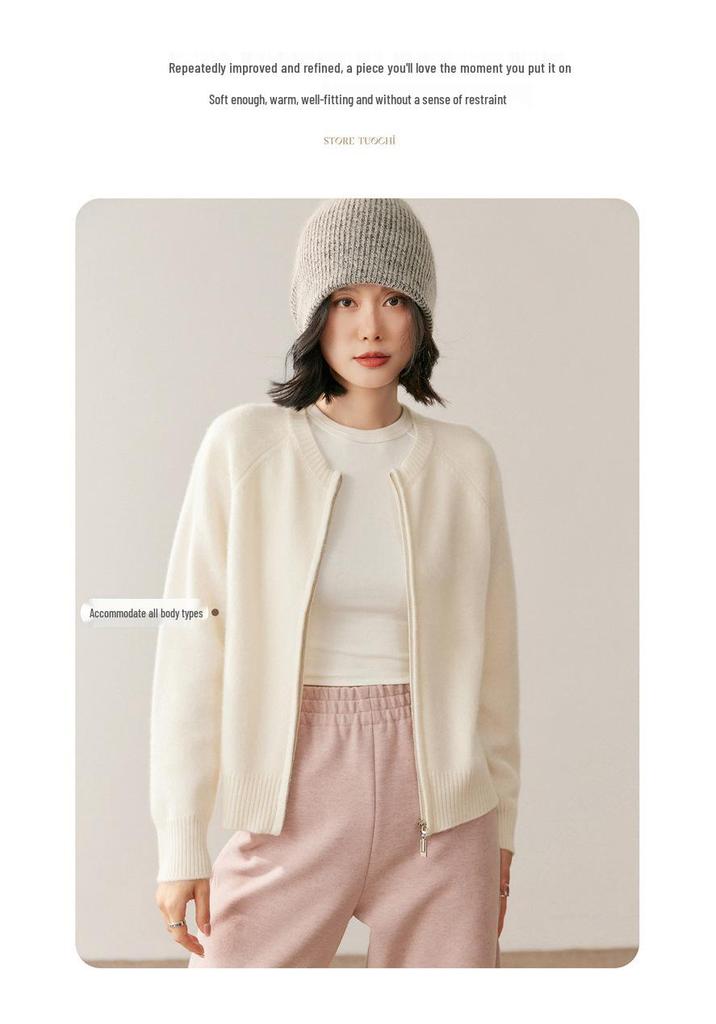 Women's Cashmere Round Neck Zipper Cardigan - Autumn/Winter Collection: Thick, Solid Color, Short, Loose Knit