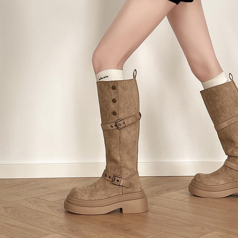 Retro buckle two wear folded thick-soled boots children's autumn and winter design sense fashion suede thick heel knight boots