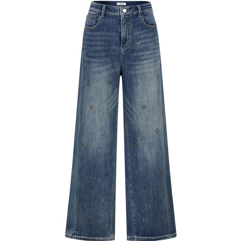 JIUZI Annaque Vintage Washed Rhinestone Straight-Leg Jeans