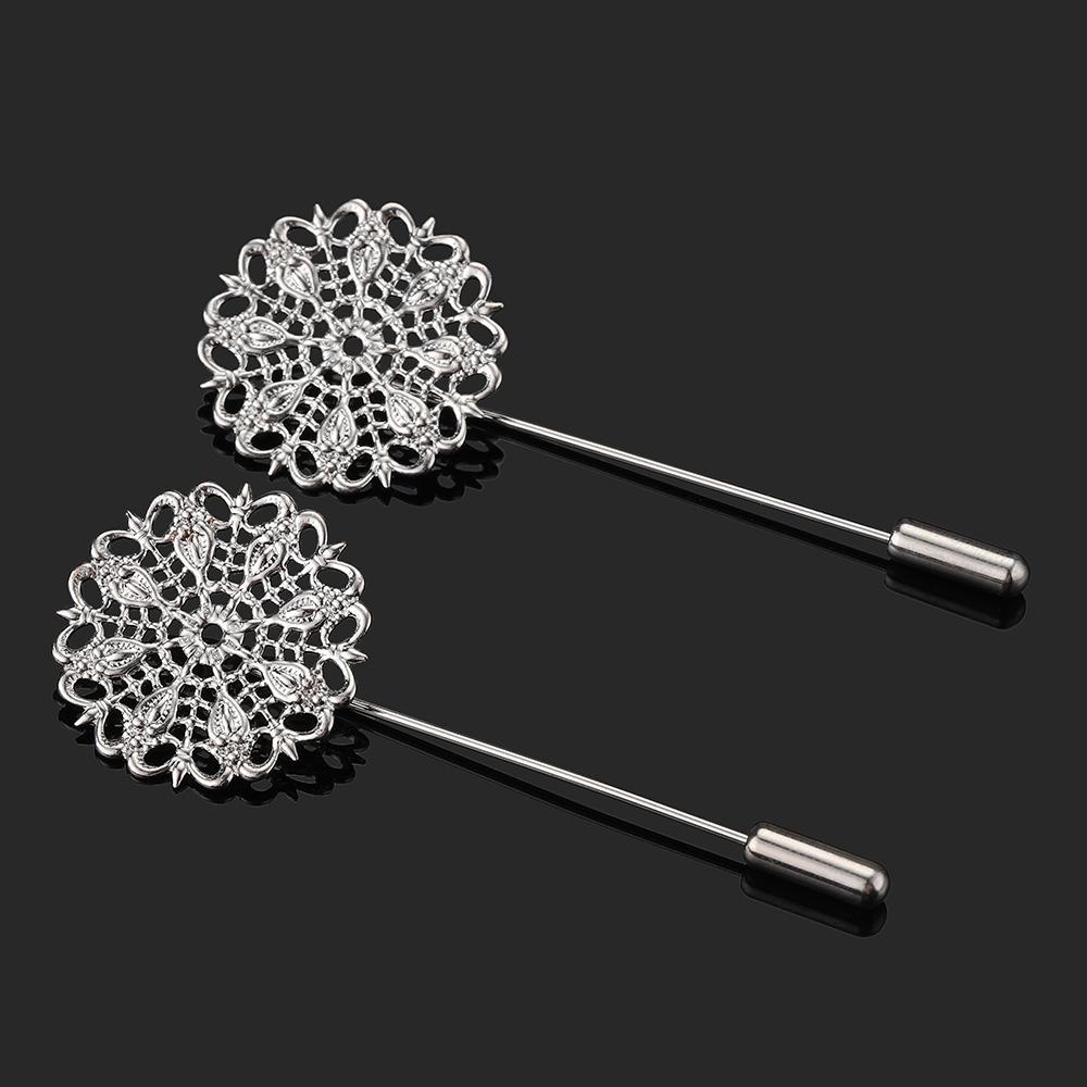 5pcs 25mm Brooch Filigree Flower Pin Base Boutonniere Hollow Out Stick Base Setting Lapel Brooch for Wedding Jewelry Making DIY