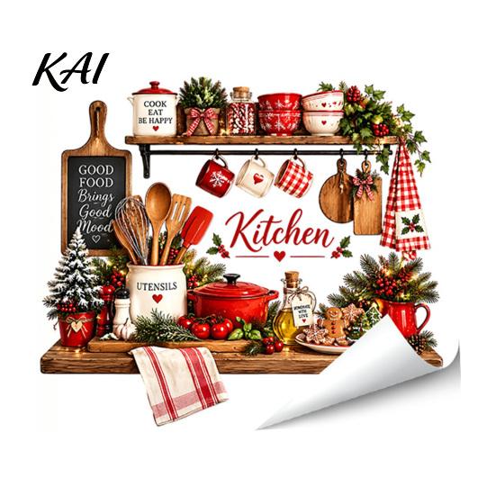 Christmas Party Scene Decoration Kitchen Wall Sticker, Self Adhesive PVC Decal, Festive Utensils Easy Apply Holiday Art Seasonal Holly Gingerbread Man