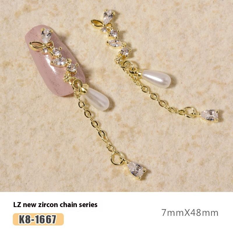 Nail Art Zircon Plated Real Gold Chain Jewelry Pearl Pendant Gold Bow Zircon Chain