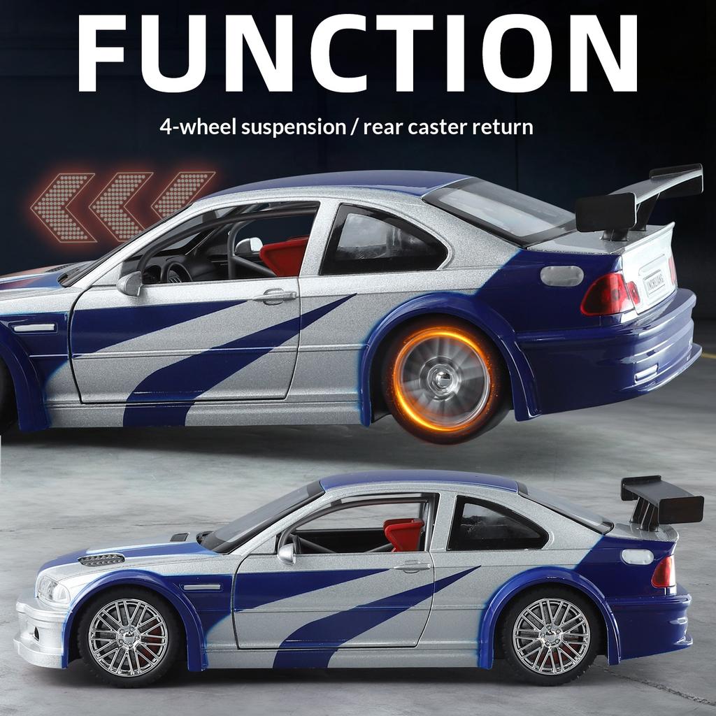 1/24 M3 GTR E46 Alloy Die-cast Car Model Simulation Sound and Light Pull-back Boy Toy Car Desktop Display Ornament Birthday Gift