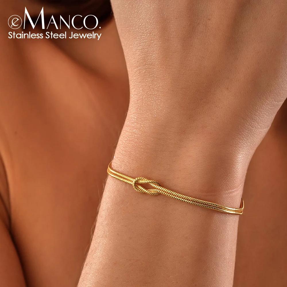 eManco Gold & Silver Stainless Steel Art Deco Knot Slim Snake Chain Bracelet Couple Social Art Jewelry