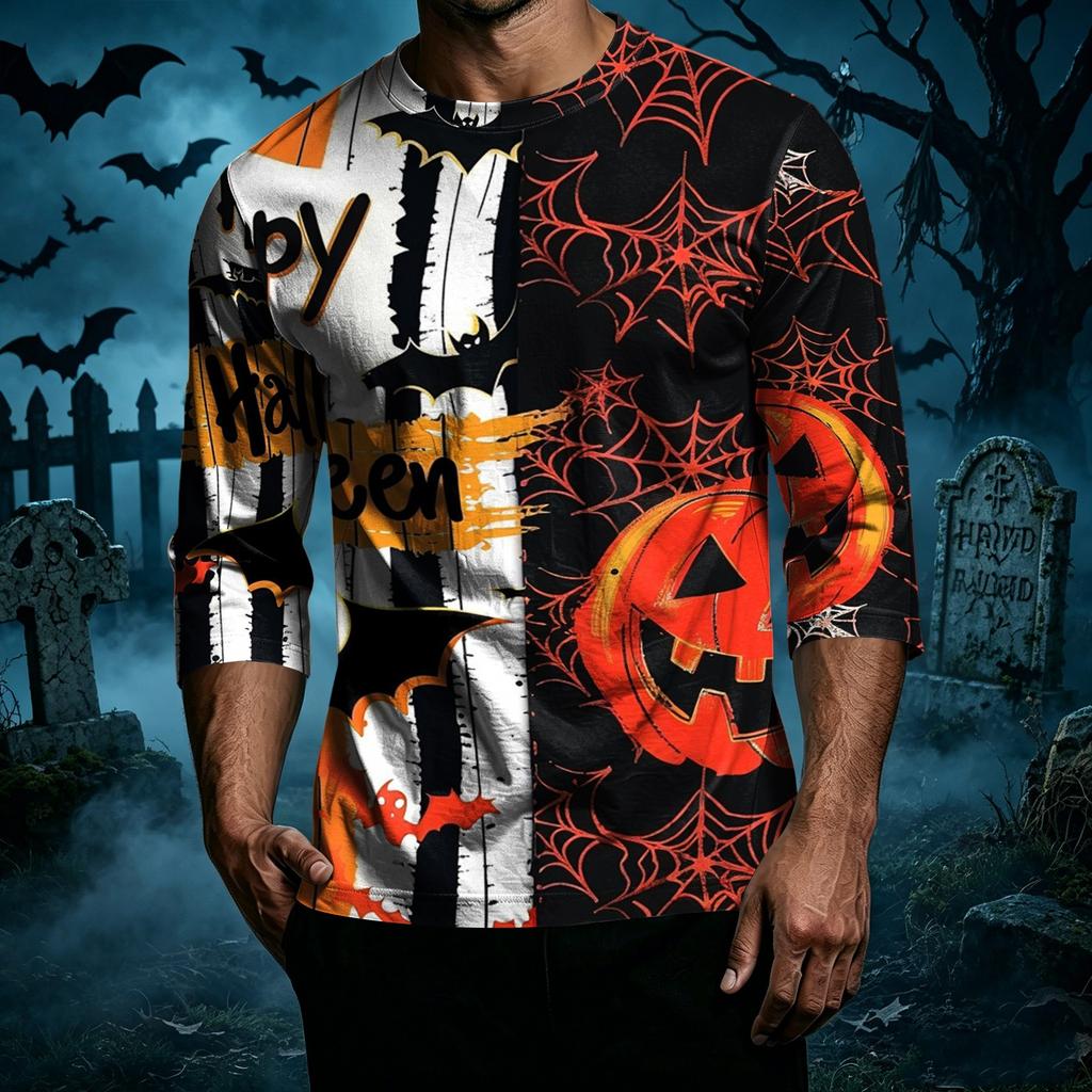 Men's Halloween Print Casual T Shirt 3 4 Sleeve Crew Neck Top Lightweight Comfortable Fit Seasonal Graphic Tee